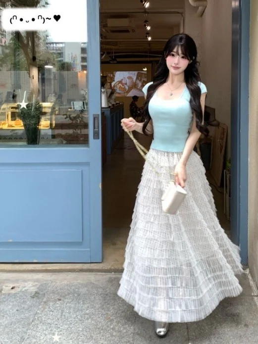 

Корейский стильный комплект из топа с короткими рукавами и полуюбки, элегантная летняя модная женская одежда, удобная юбка с высокой талией