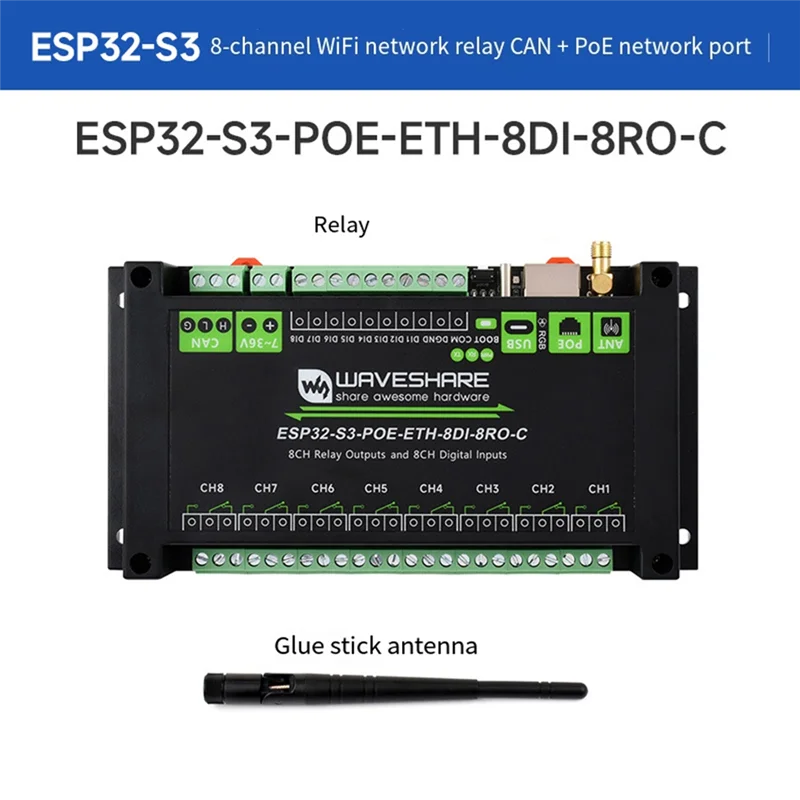 New-Waveshare Industrial 8CH Wi-Fi Network Relay ESP32-S3 ETH-8DI-8RO-C Support RS485 Bluetooth Or Wi-Fi Remote Control