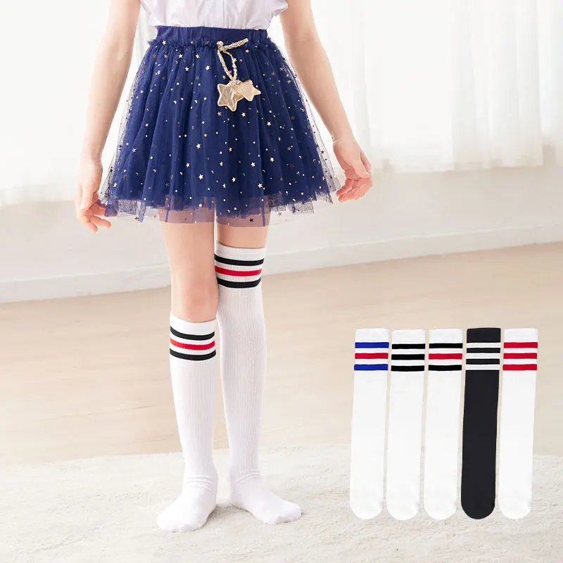 Kids Knee High Socks Children Sport Socks High Quality 3 Line Striped Tight Black White Stockings