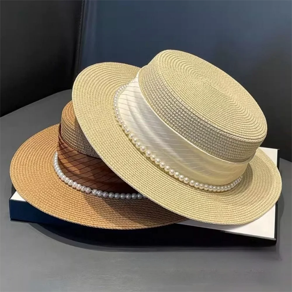 UV Protection Wide Brim Straw Hat Pearl Chain Straw Weaving Flat Sun Cap Lightweight Breathable Women's Fisherman Hat Travel