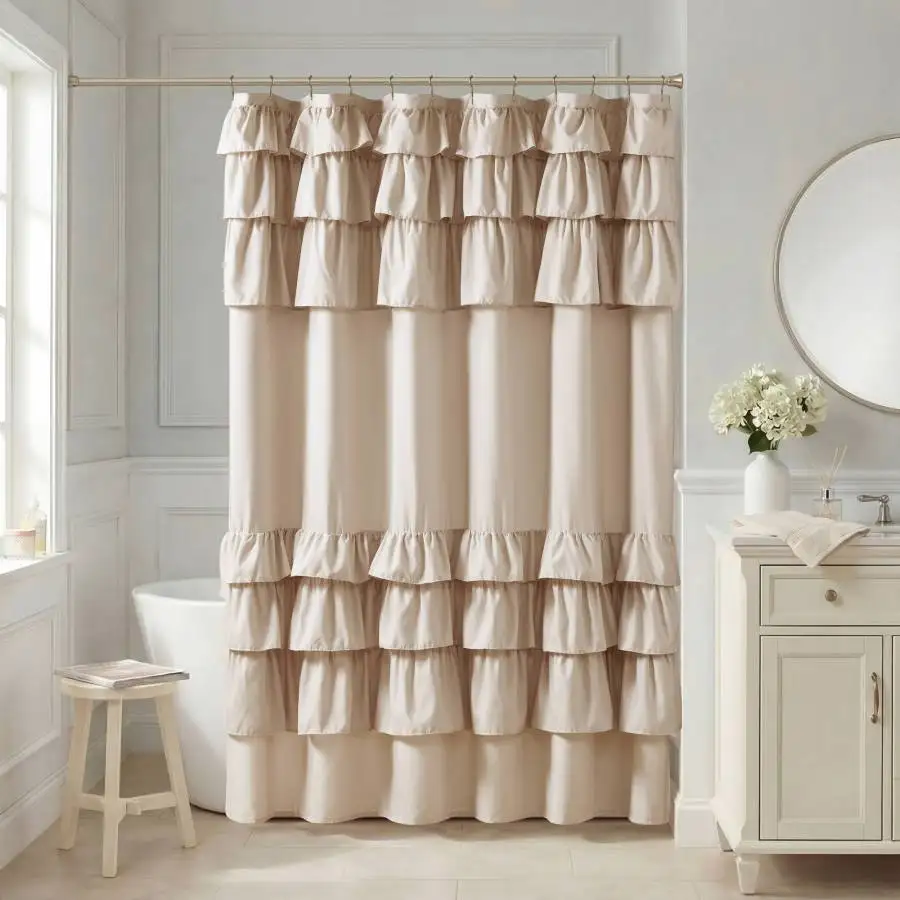 

Bathroom shower curtain, polyester, white, ruffled design for elegant bathroom decor