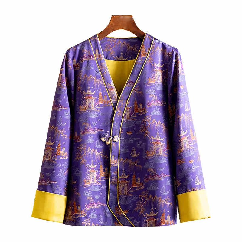 

Early Autumn Purple High-End Retro Jacquard New Chinese Style V-Neck Single Button Contrasting Cuffs Women's Jacket S-XL