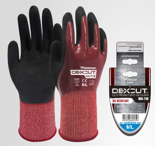 Anti Cut Resistant Work Glove Oil Proof Waterproof HPPE Fiberglass Butcher WG-718 Safety Glove Foam Sandy Nitrile EN388 4543