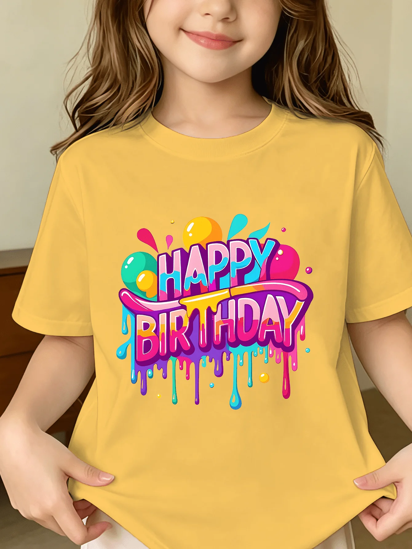 Happy Birthday Kids Tee Color Drip Letter Print Boys Girls Family Matching Cotton Summer Short Sleeve Basic Children Tshirt