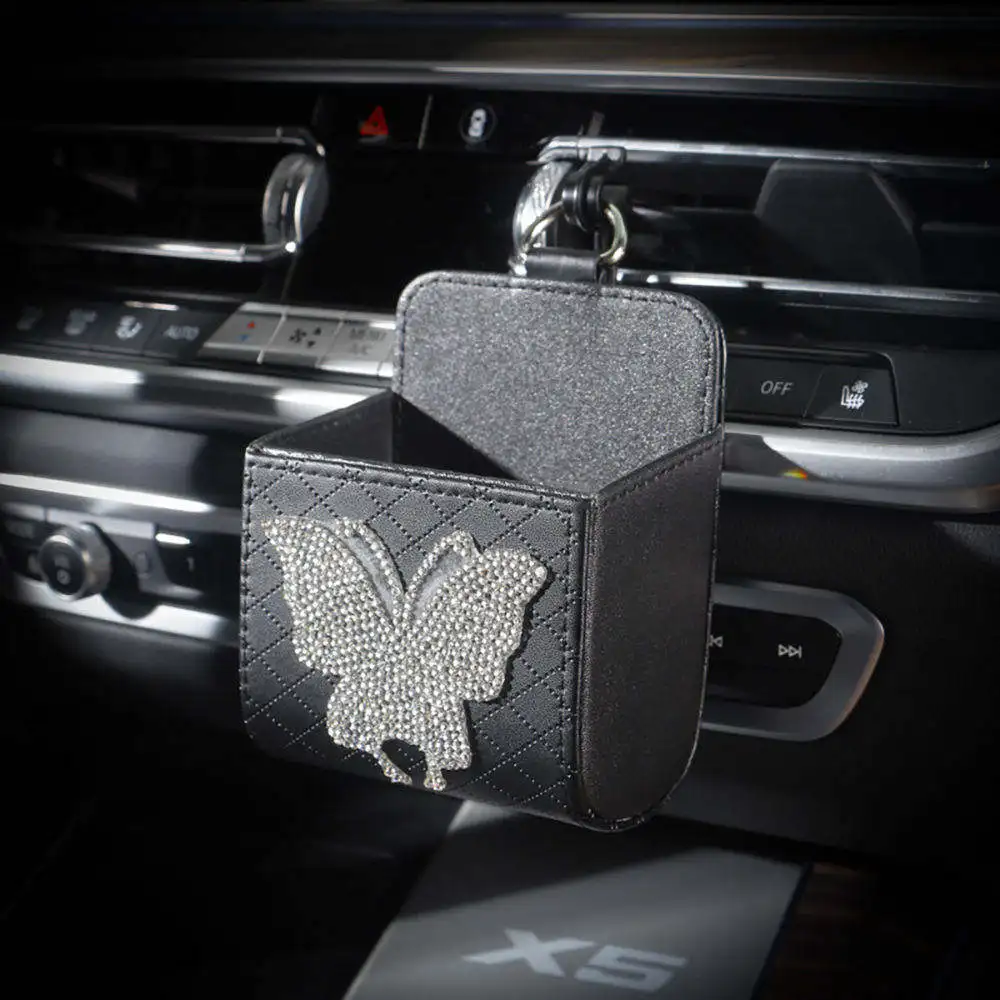 Bling Butterfly Car Storage Bag Car Air Outlet Debris Bag Organizer Mobile Phone Key Sunglasses Vent Tidy Hanging Storage Box