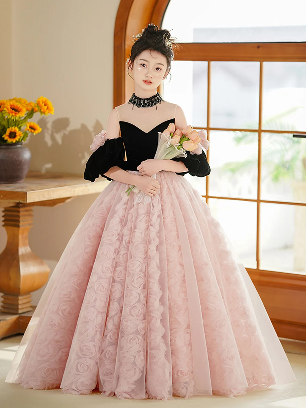 

Luxury Velvet Off Shoulder Stand Collar Girls Elegant Patchwork Flowers Graduation Dresses Party Vestidos Performance Gown