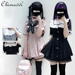 Japanese New Mine Mass- Produced Autumn Color Matching Lolita Skirt Suit Girl Women's Sweet Short Sleeve Top and Shorts Outfits