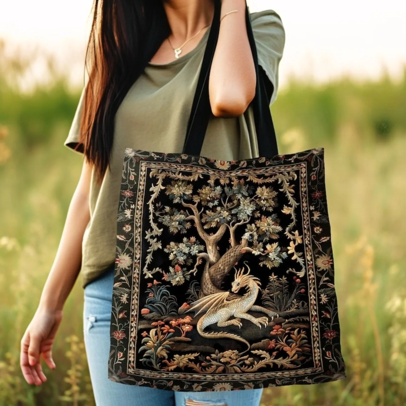 Fantasy Inspired Dragon Handbag Dark College Book Corner, Gothic Fairy Tale Magic Forest Core Tote Bag Women's Shoulder Bag