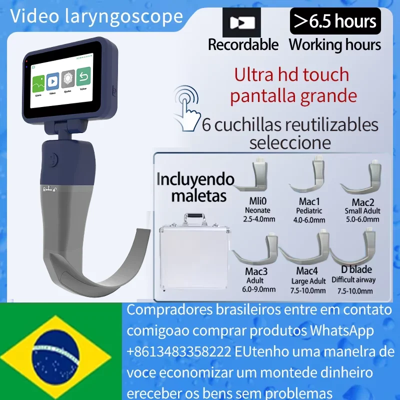 Videolaringoscópio Digital Colorido com Tela Sensível ao Toque de 3,5 Polegadas, Lâminas Reutilizáveis e Esterilizáveis