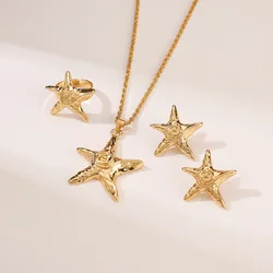 Gold Color Alloy Irregular Starfish Pendant Necklace Earrings Finger Rings for Women Fashion Gifts Cool Personality Jewelry Set