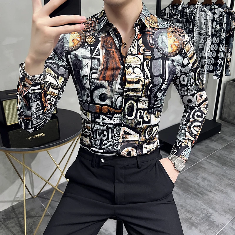 Vintage Street Graffiti Printing Shirts For Men Long Sleeved Slim Fit Korean Fashion Men Shirt Party Club Social Tops Hombre 6XL