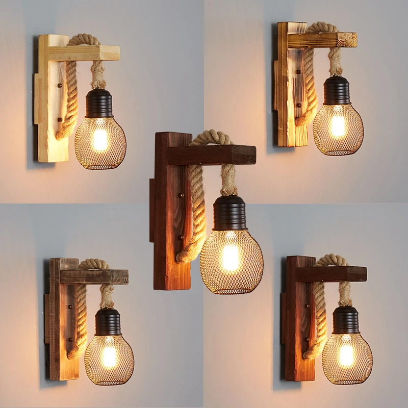 

Vintage Wood Rope Wall Lamps Fixture Retro Hallway Bedside Loft Light Luminaire Industrial American Decor Lighting Wooden Sconce