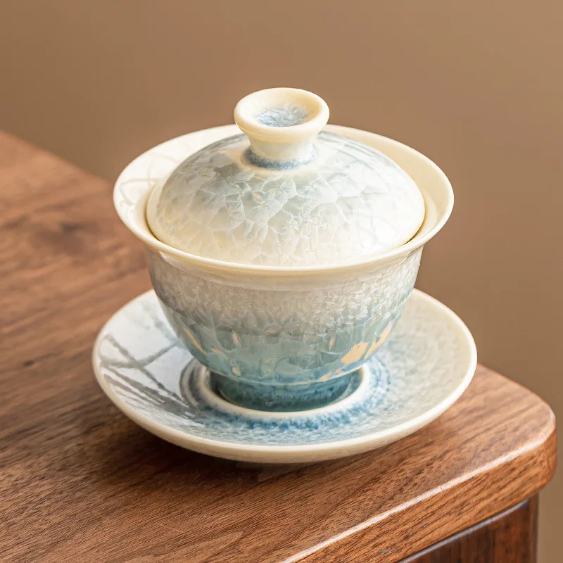 Crystal glaze lake green Sancai cover bowl teacup ceramic household high-end Kung Fu tea bowl with cover Kung Fu tea set single