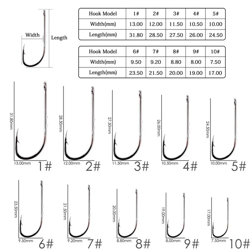 WHYY 50-100PCS/Box Long Shank Fishing Hook 1#-10#High Carbon Steel Fishhooks Single Circle FishHook Fishing Accessories Pesca