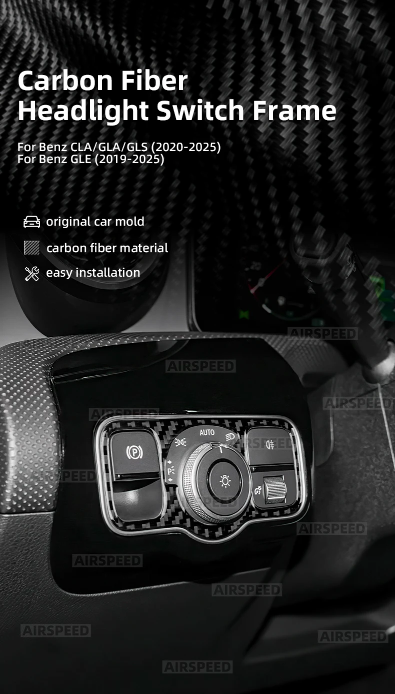 Echte weiche Carbonfaser für Mercedes Benz A CLA GLA GLE GLS W177 C118 H247 W167 X167 2020-2025 Scheinwerferschalter-Rahmen-Aufkleber – Detail 1