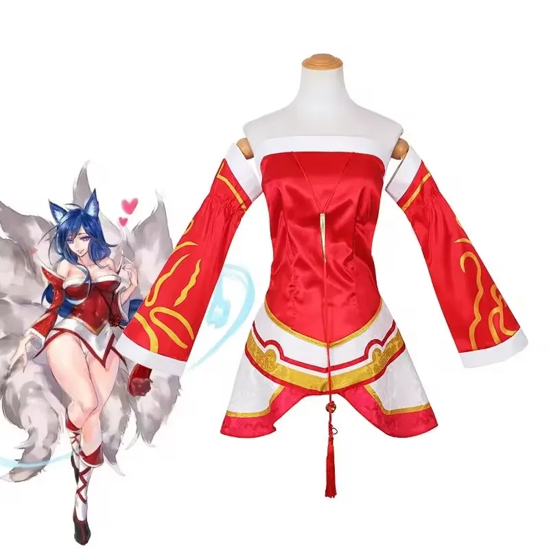 Spiel LOL Ahri Nine Tailed Fox Rollenspiel Kostüm Perücke Anime Sexy Frau Rotes Kleid Weihnachten Karneval Party Kimono Uniform Set
