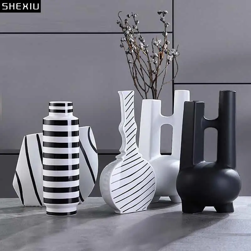 

Classic Black and White Striped Ceramic Vase TV Cabinet Porch Furnishings Crafts Countertop Hydroponic Vase Home Decoration Gift