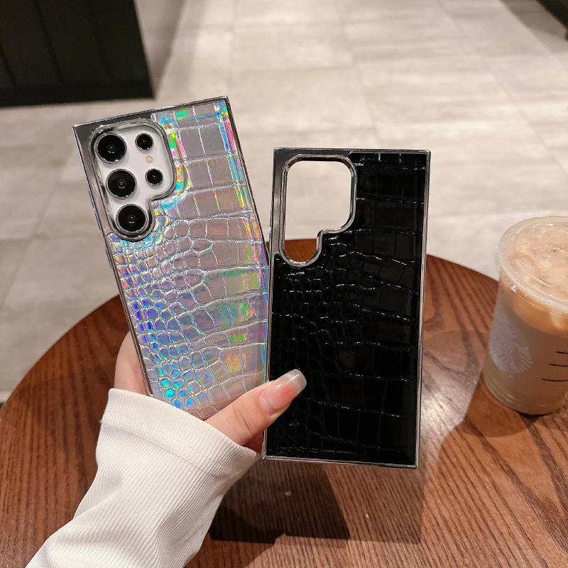 Luxury Plating Crocodile Texture Artificial Leather Bumper Phone Case For Samsung S26 Ultra S24 S23 S25 Ultra Plus Back Cover view 2