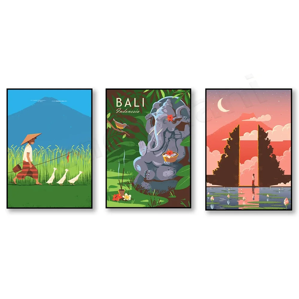 Bali paradise gate and lotus flower, Bali travel poster, tropical plants in Indonesia, herders raising ducks in rice fields,