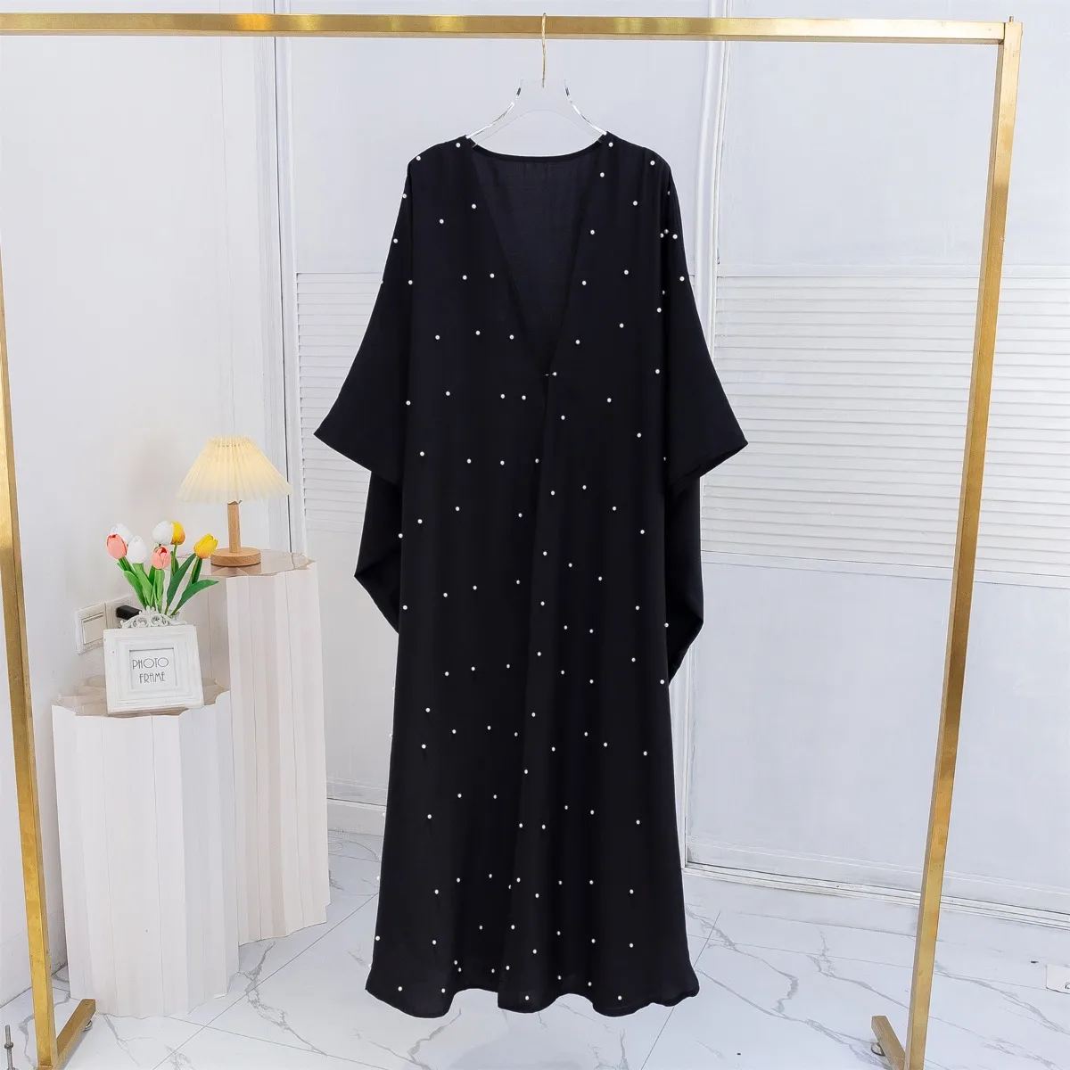 Open Front Beaded Abaya Women Kaftan Black Muslim Ramadan Long Sleeve Loose Maxi Length Dresses Women Jilbabs  Women\'s Clothing