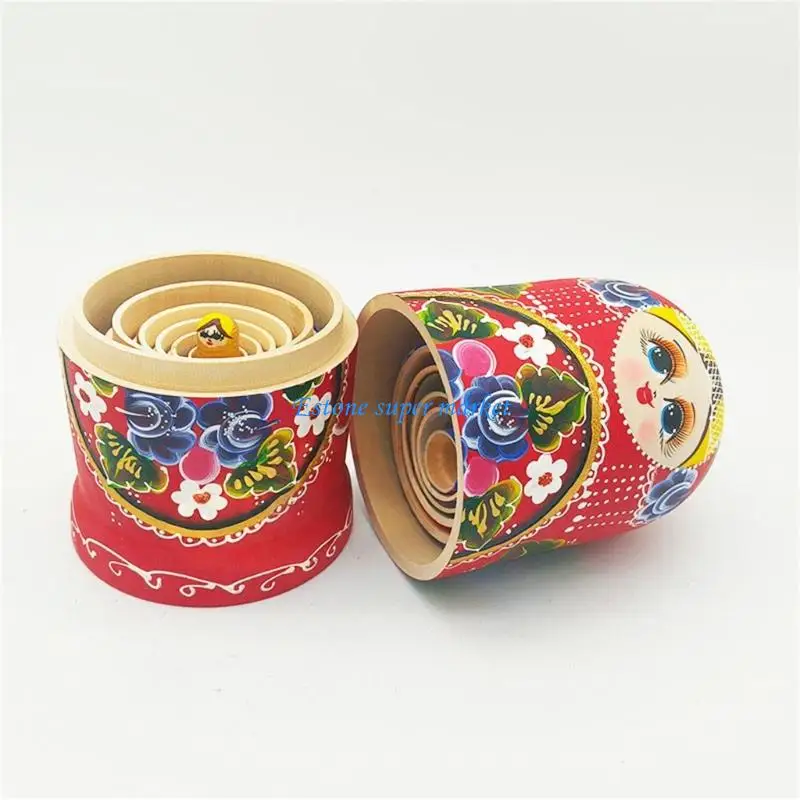 090B 7 قطع دمى التعشيش الروسية الخشبية المرسومة يدويًا لعبة ماتريوشكا للتعلم الثقافي لتنمية مهارات اليد للأطفال #2