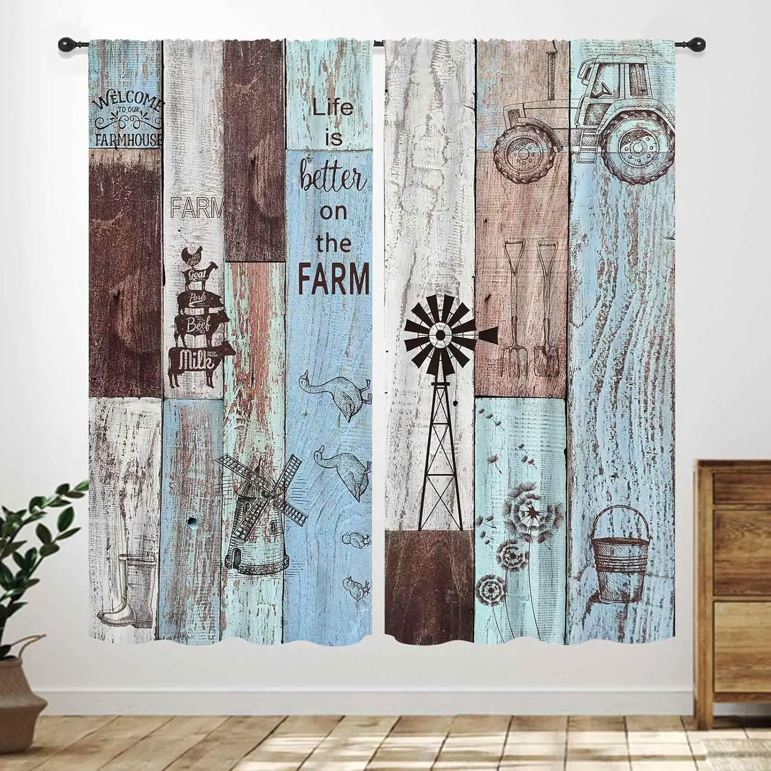 Farmhouse Kitchen Curtains,Country Vintage Farm Animal Chicken Cow Pig Retro Blue Wooden Windmill Rural Country Style Window