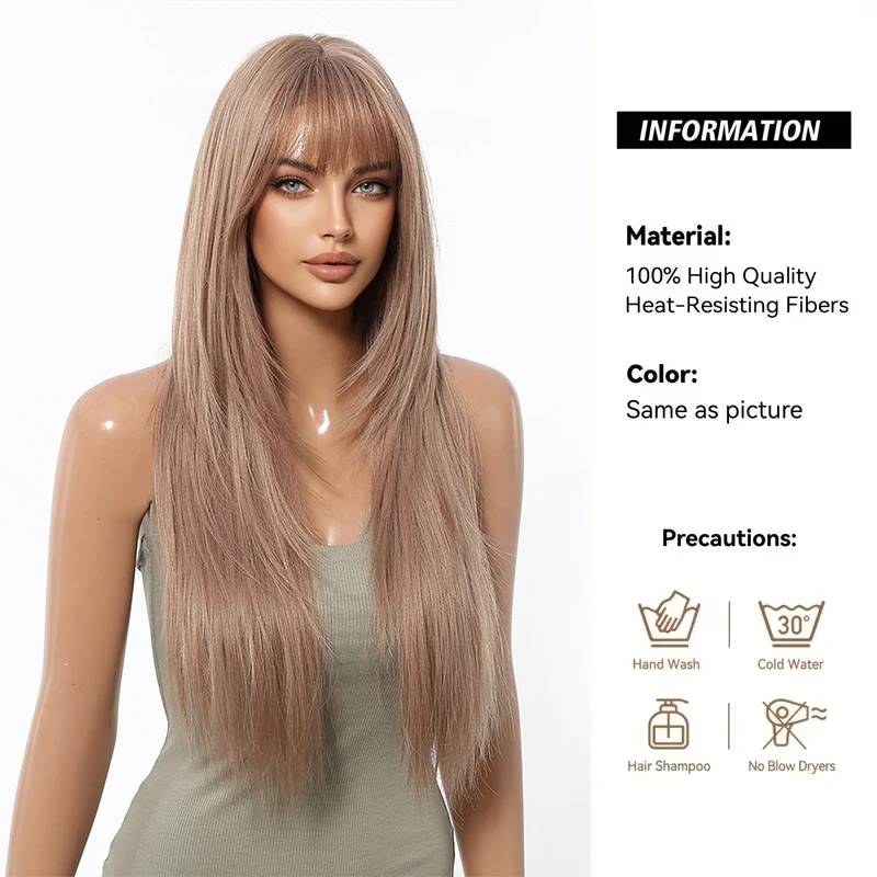 Synthetic Layered Wig Long Rose Gold Straight Wigs with Bangs Blonde Cosplay Party Natural Hair Wigs for Women Heat Resistant image 2