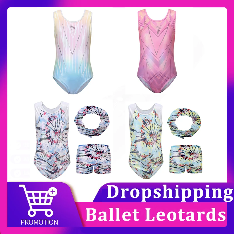 Girls Ballet Leotards Gymnastics Suit Fashion Gilding Rhinestone Inlay Bodysuits With Shorts And Headband Sleeveless Jumpsuit