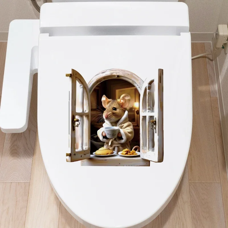 Cartoon 3D Stickers Drinking Coffee Mouse Sticker Kawaii Toilet Stickers Waterproof Bathroom Decor Vinyl Decals Home Decoration