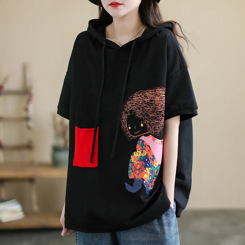 Fashion Hooded Pockets Printed Loose T-Shirt Women's Clothing 2023 Spring New Oversized Casual Pullovers Korean Tee Shirt