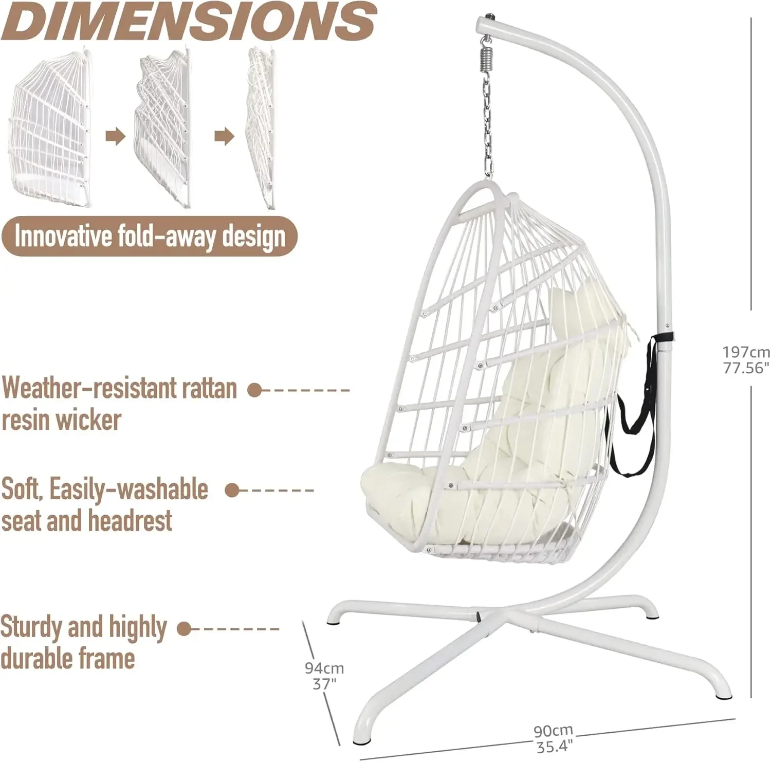 Silla tipo huevo con soporte ultra fuerte y cojín, silla colgante de mimbre y ratán, columpio para Patio interior y exterior