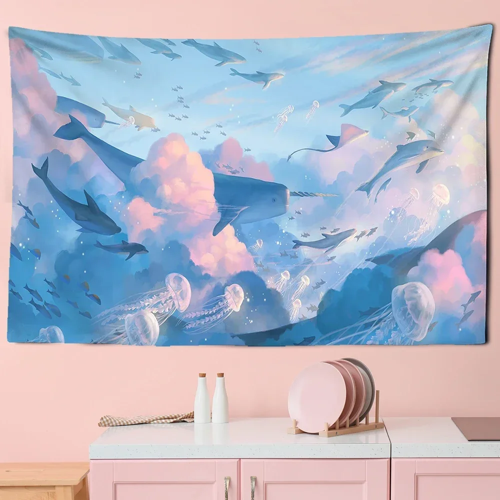 

Cartoon Comics The Sky Dolphin Tapestry Wall Hanging Pink Purple Cloud Tapestries Bedroom Wall Decor Kawaii Room Decor