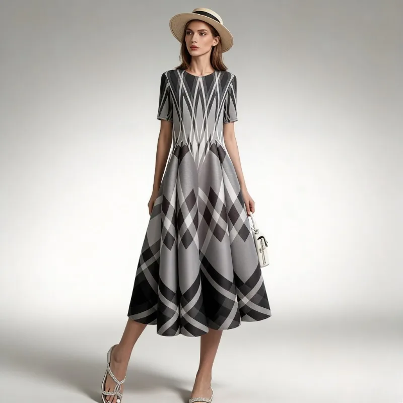

Miyake Pleated Dresses Women's 2026 Summer Short Sleeve Light Luxury Gradient Dress Miyake Pleats Loose Plus Size Spring Dress