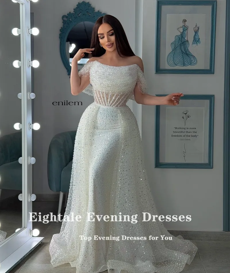Eightale Arabic Wedding Dress Customized Ivory Scoop Off Shoulder Bridal Gown Sequin Muslim Mermaid Bride Party Dress