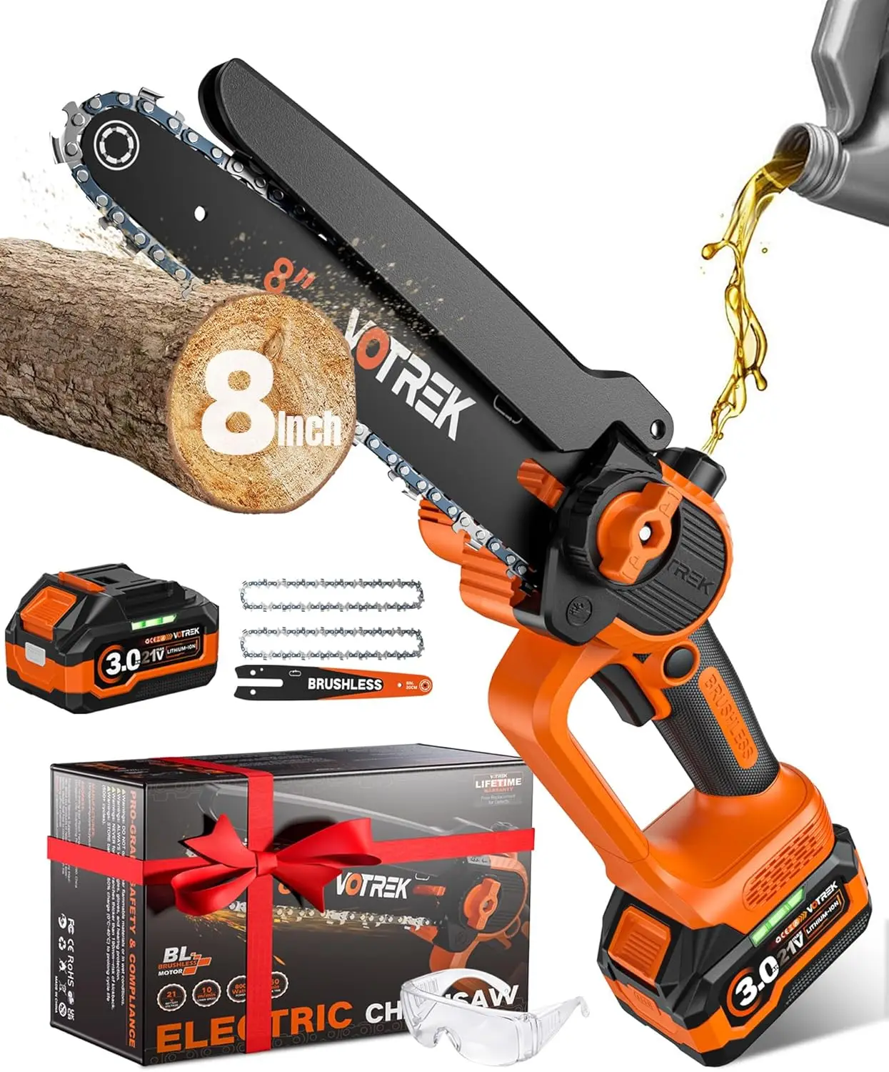 

8-Inch Cordless Mini Chainsaw, 3.0AH Battery, Brushless Motor for Wood Cutting and Tree Trimming