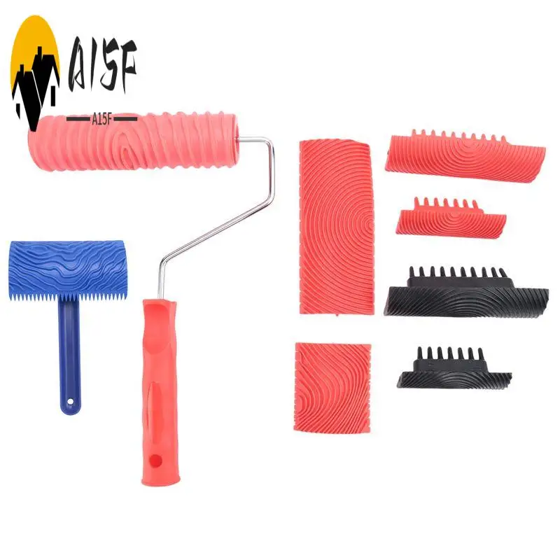 A15F-8 Pcs Wood Graining Painting Tool Set, Rubber Empaistic Grain Pattern Roller With Handle, For DIY Wall Room Decoration