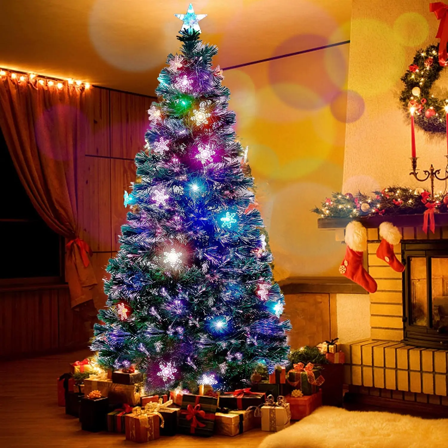 7 ft Pre-Lit Optical Fiber Christmas Artificial Tree, with LED RGB Color Changing Led Lights, Snowflakes and Top Star, Festive P
