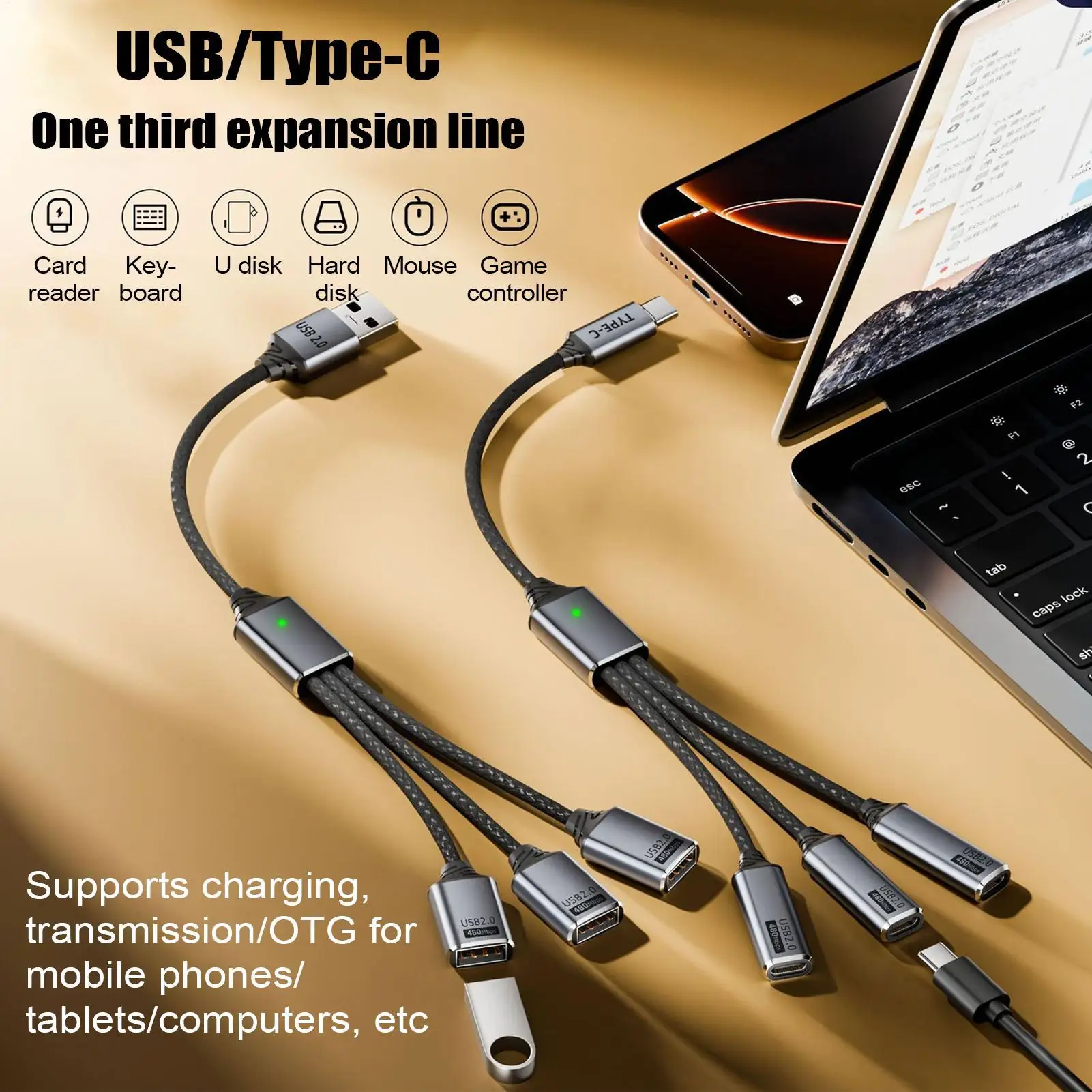 كابل شحن USB متعدد USB/Type-C سلك شاحن متعدد لوازم السيارات للأجهزة رحلة شاحنة العمل المغامرة الداخلية