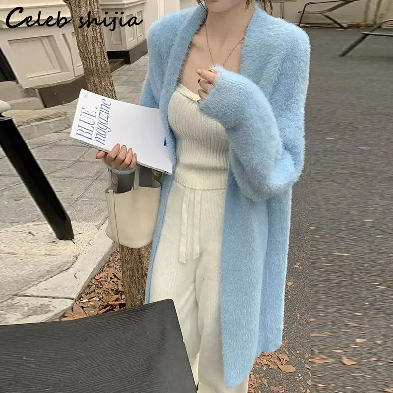 Pink Waterproof Mink Cardigan Women Autumn Loose Long Knitted Cardigans Ladies Korean Chic Blue Soft Knitwear Chic Winter