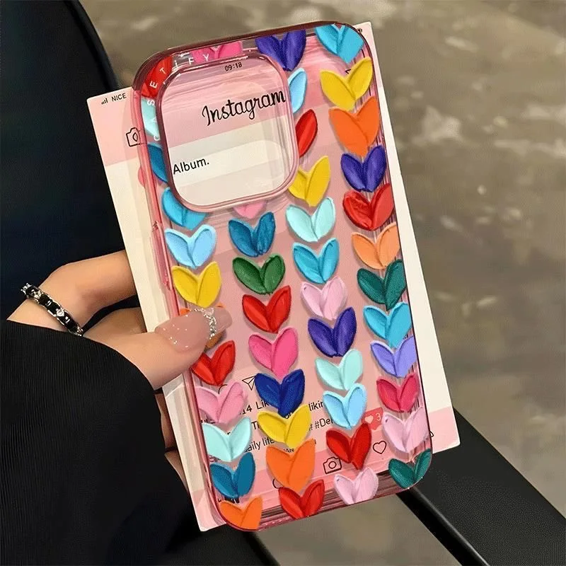 

Luxury pink blue Oil Painting Love heart Clear Soft Case protection for iPhone 16 15 13 12 11 14 Pro Max 16 Plus Coque