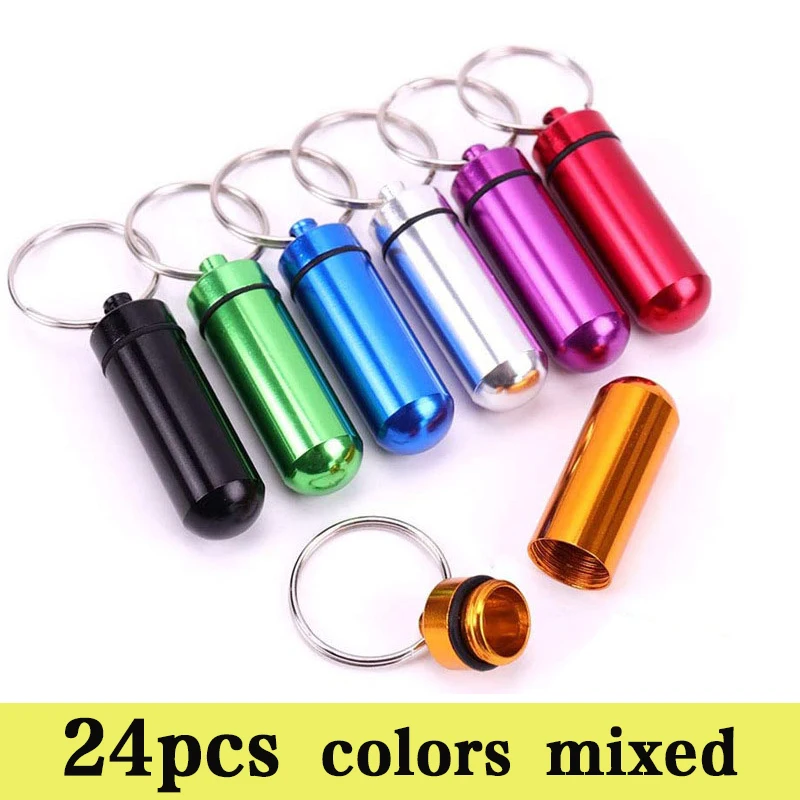 24Pcs Pillbox Keychain Pill Box WaterProof Aluminum Pill Cases Bottle Holder Container For Medicines