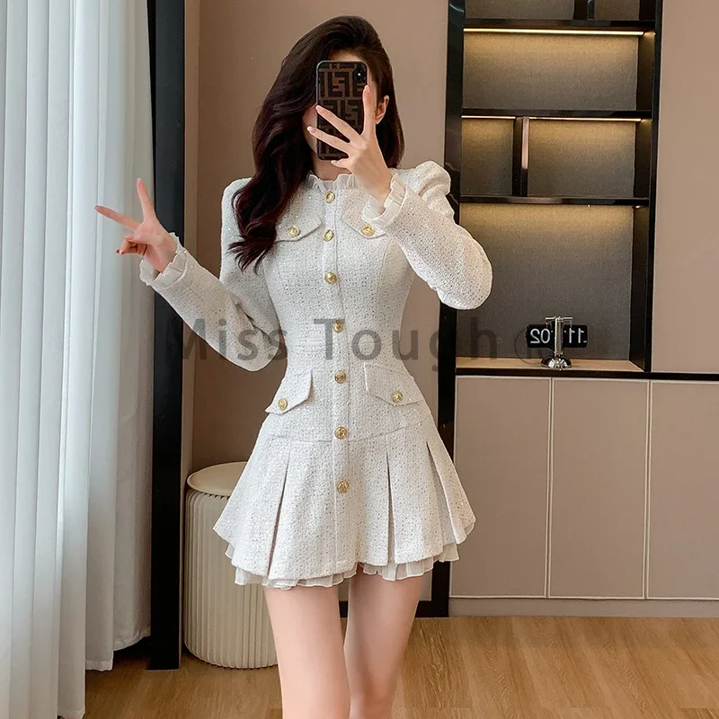 

Autumn Winter Vintage Dress Women Button French Retro Chic Fake Two Piece Mini Dress Female Korean Fashion Casual Clothing 2023