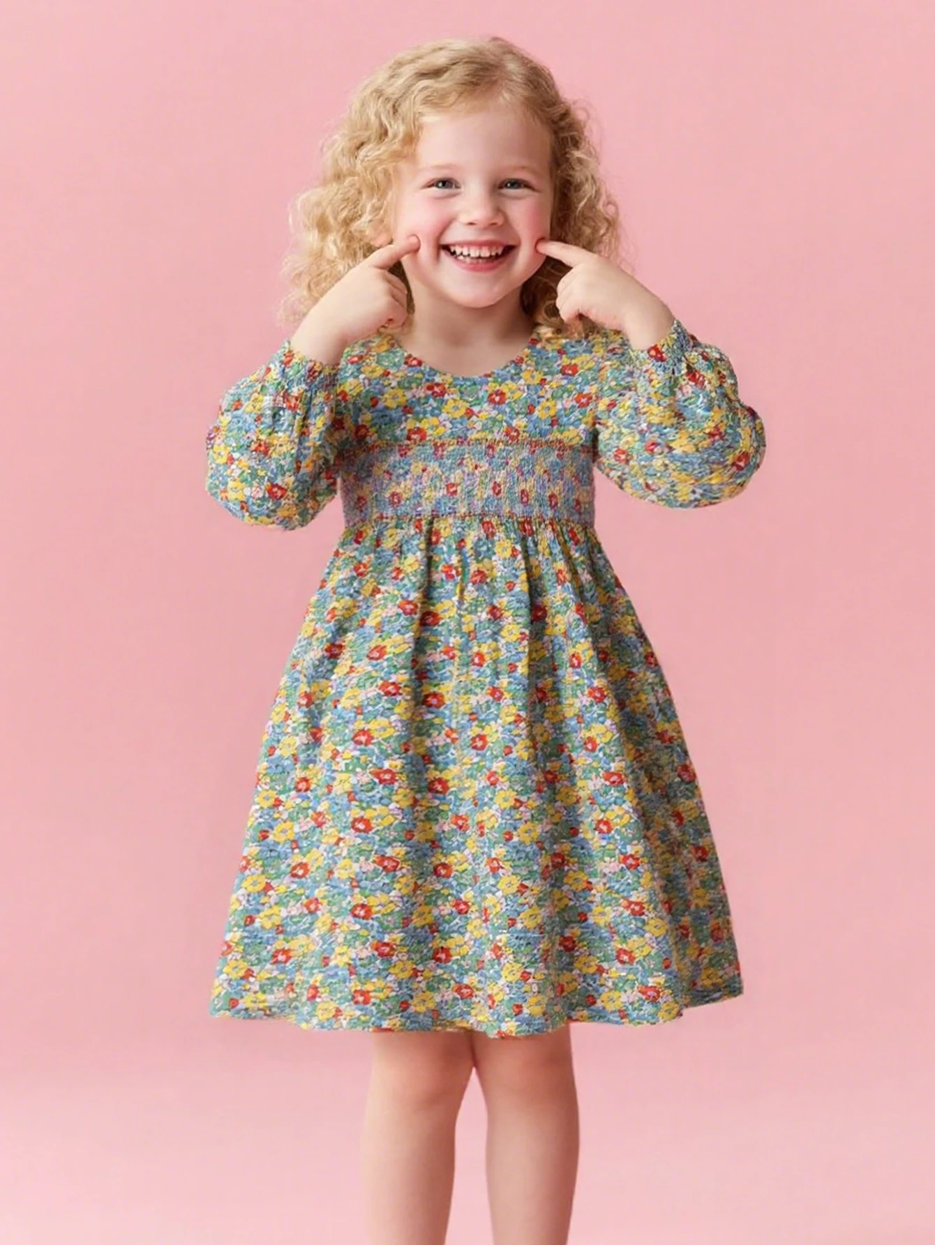 

Girls' long-sleeved round-neck pure cotton dress, cute floral pattern, fresh pastoral style, fitted waist, outdoor casual dress