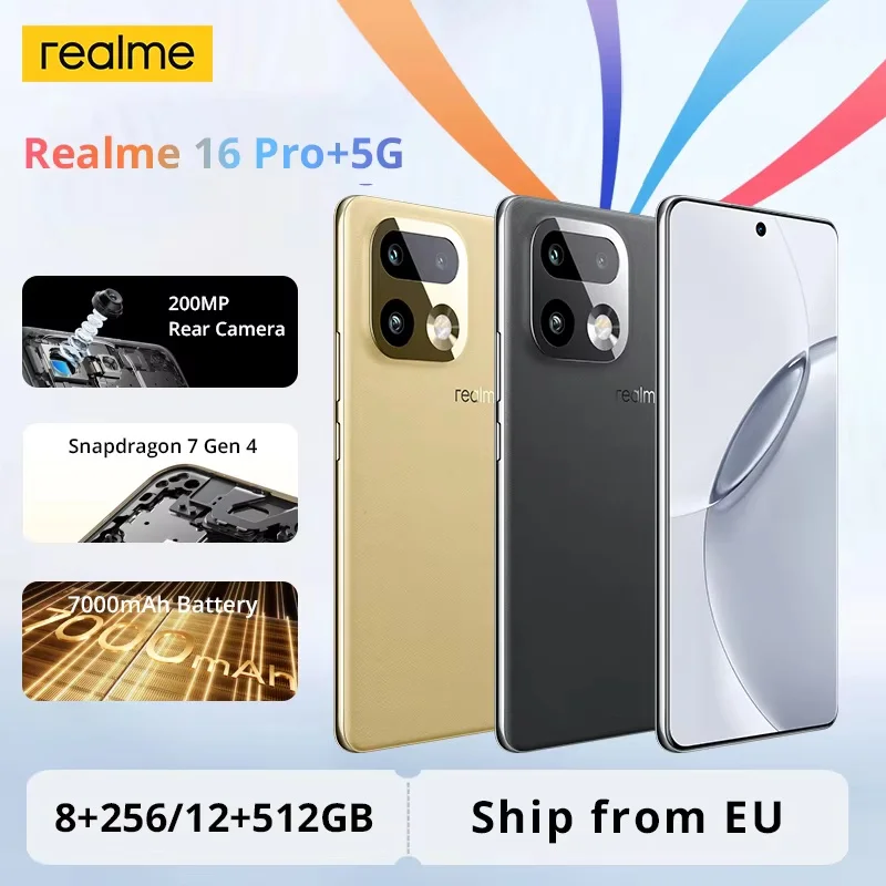 Realme 16 Pro Plus 5G okostelefon Realme 16 Pro+ 2026 Új Snapdragon 7 Gen 4 200MP OIS kamera 6.8'' AMOLED 144Hz Ívelt képernyő 7000mAh akkumulátor IP69K