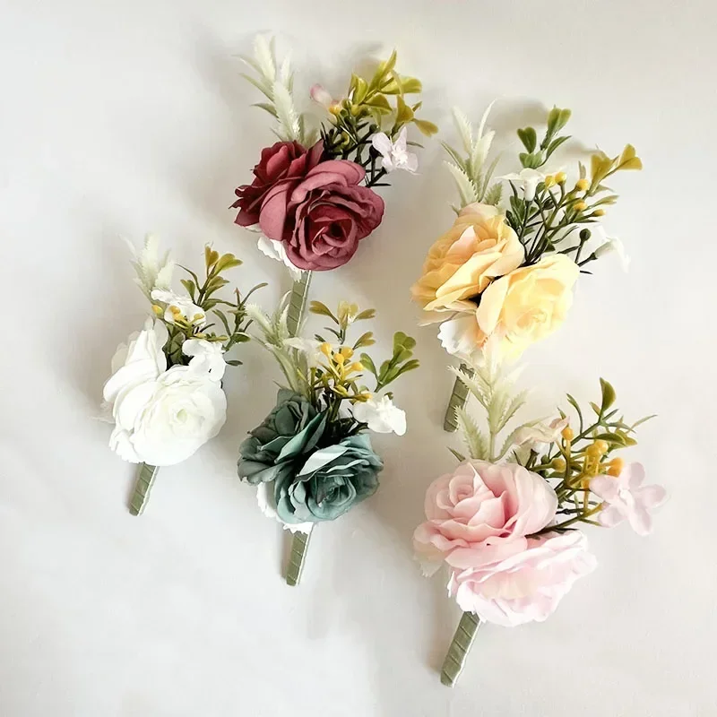 Boutonniere para graduación para hombre, accesorios de boda, pulsera con ramillete de muñeca, novia, novio, ojal, flores artificiales, decoración de boda