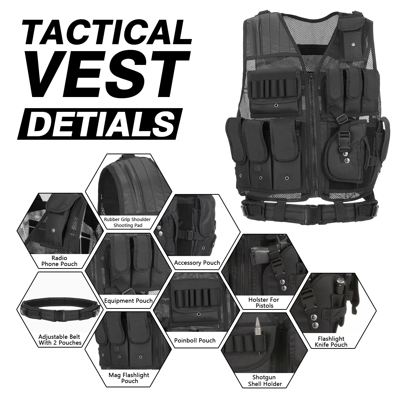 سترة TOMSHOO التكتيكية - نظام مولي متعدد الجيوب، تصميم شبكي مسامي لـ Airsoft والصيد والتخييم والمشي لمسافات طويلة
