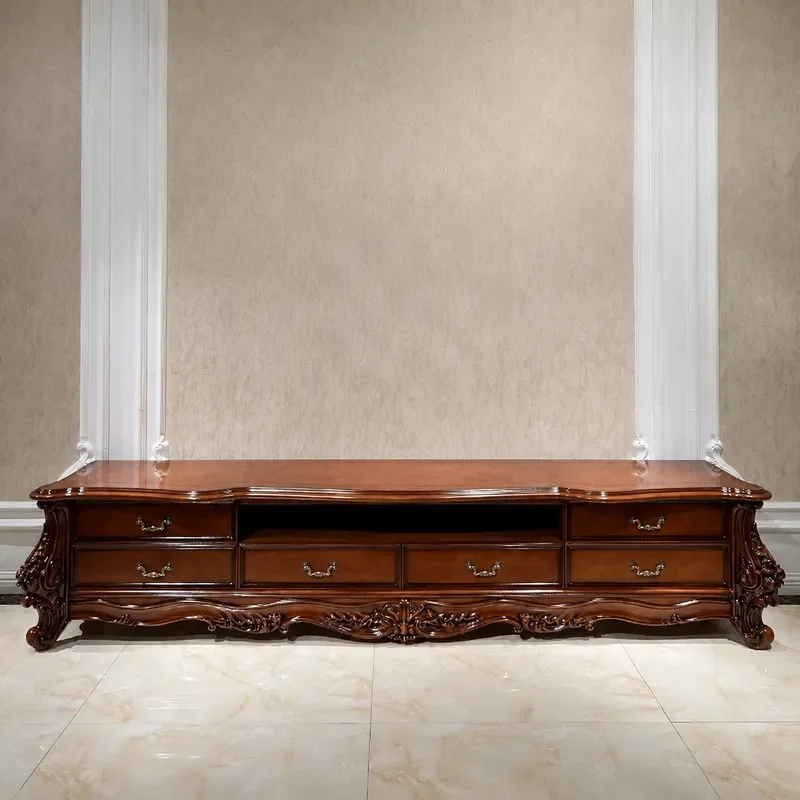 All Solid Wood TV Cabinet Retro Carved Piano Finish Luxury Living Room Storage Floor Console for Villa Home Furniture