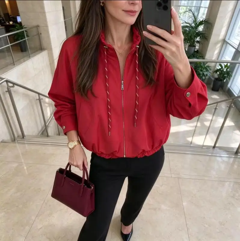 Fall In Winter New Waterproof Padded Jacket Coat Women Stand Collar Drawstring Hem Loose Parkas Female Cropped Cotton Red Coats