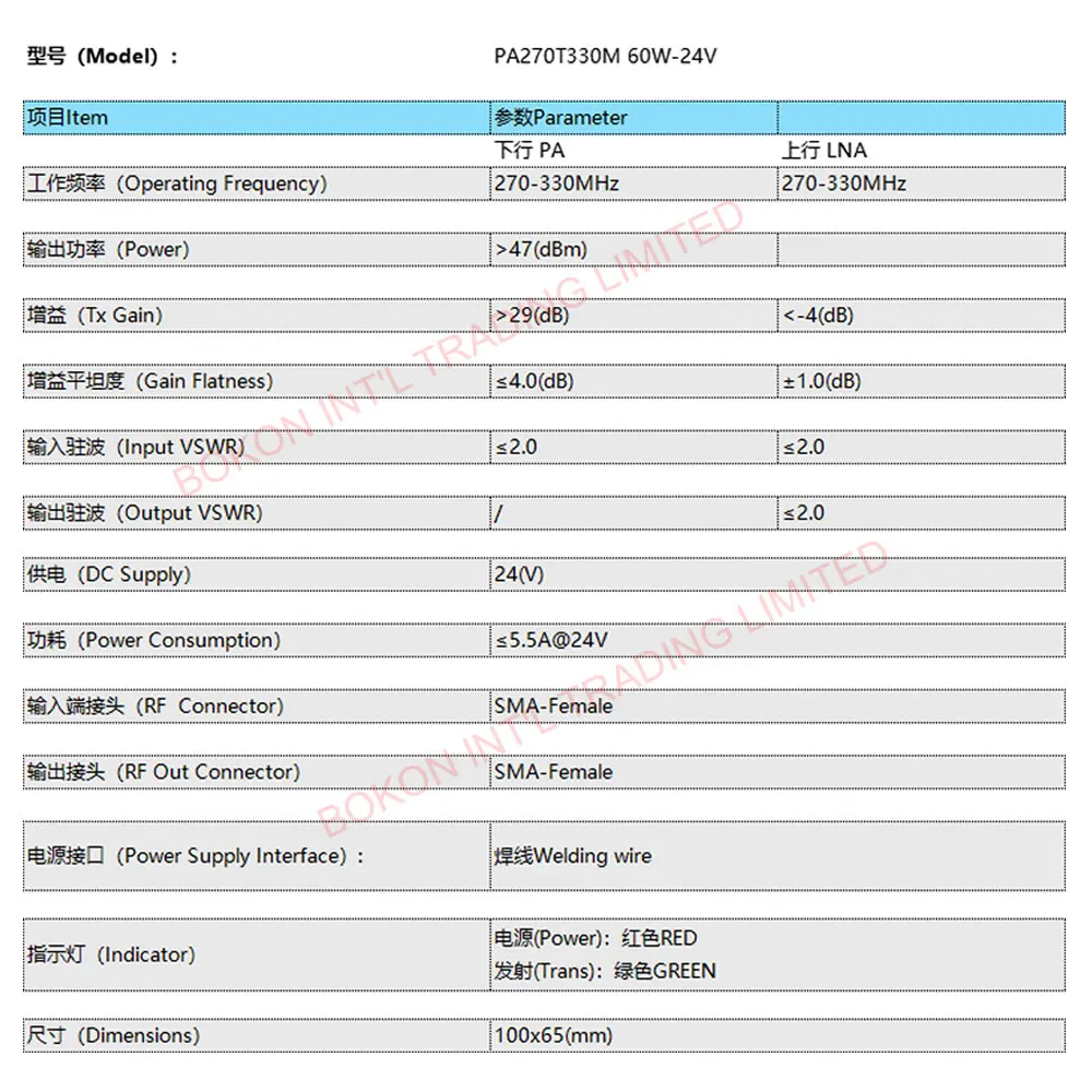 270-330 MHz 60 W 24 V Kommunikationsradio 270 MHz bis 330 MHz 60 Watt 24 VDC PA270T330M MODUL Leistungsverstärkung Radio HAM