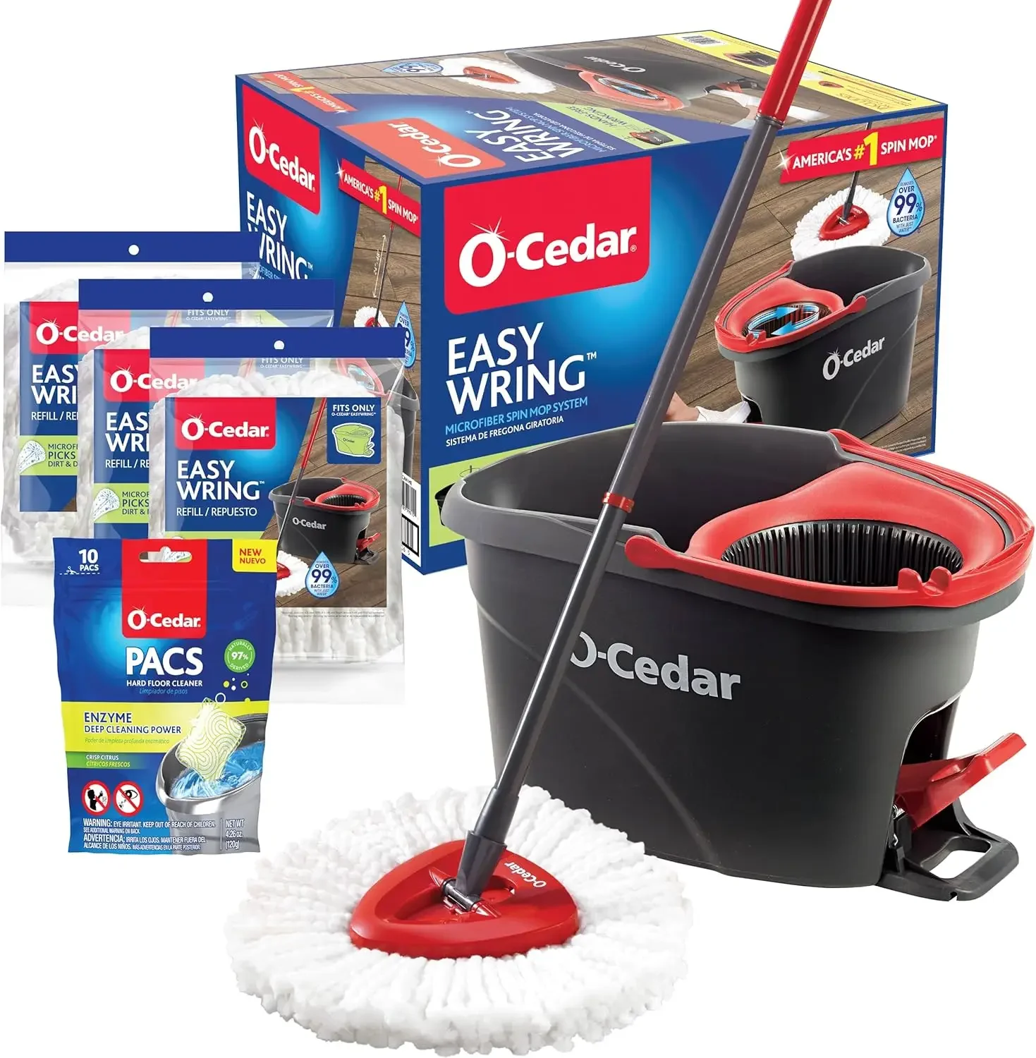 O-Cedar System Easy Wring Spin Mop & Bucket with 3 Extra Refills with Citrus Pac (Variety Pack)